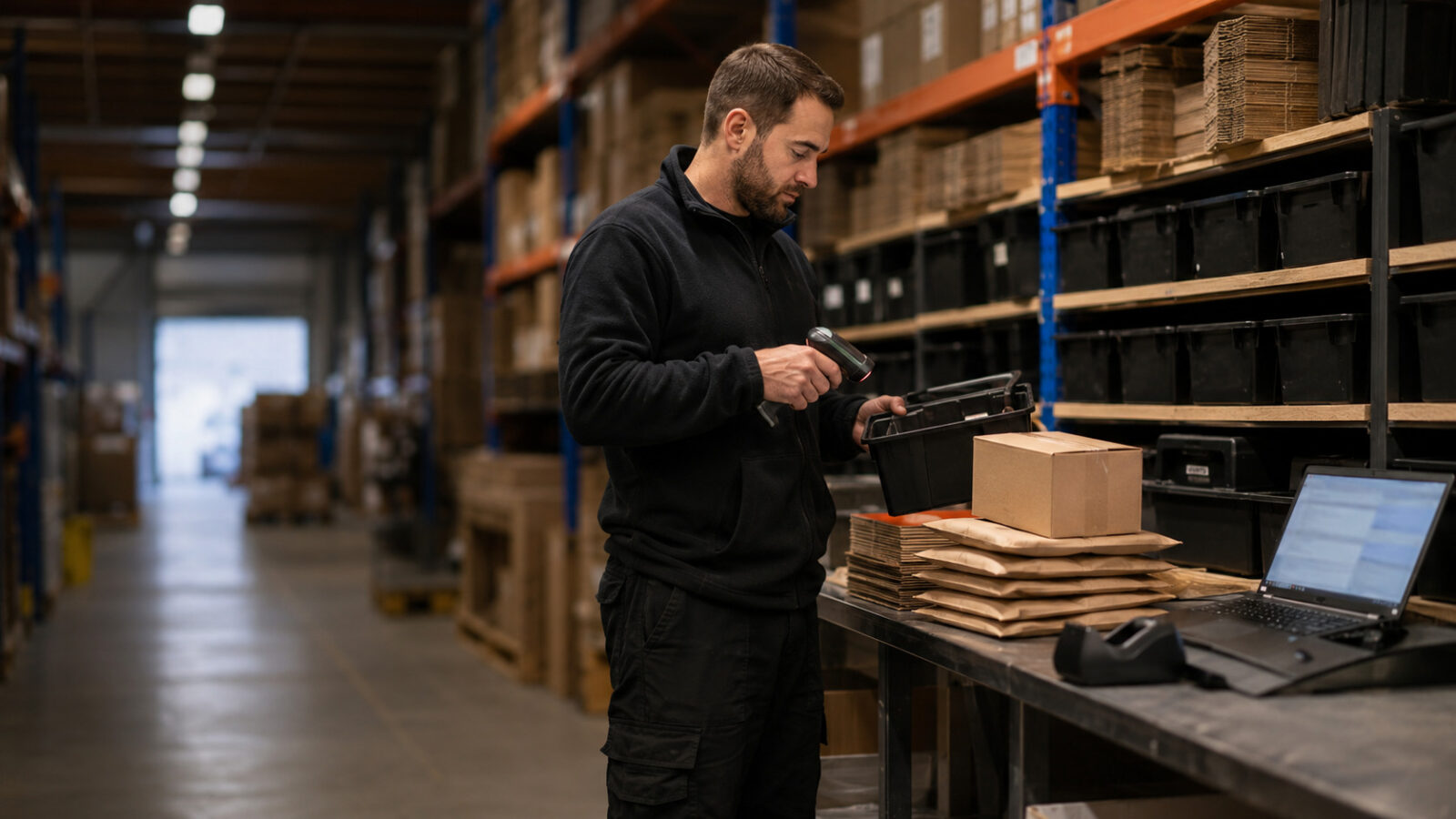 A warehouse worker scans inventory bins and prepares finished ecommerce parcels beside a packing trolley in a fulfillment aisle.