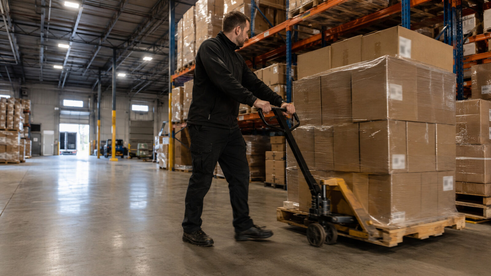 A warehouse worker stages sealed marketplace cartons on pallets near a dispatch lane with a pallet jack and blurred warehouse racks behind.