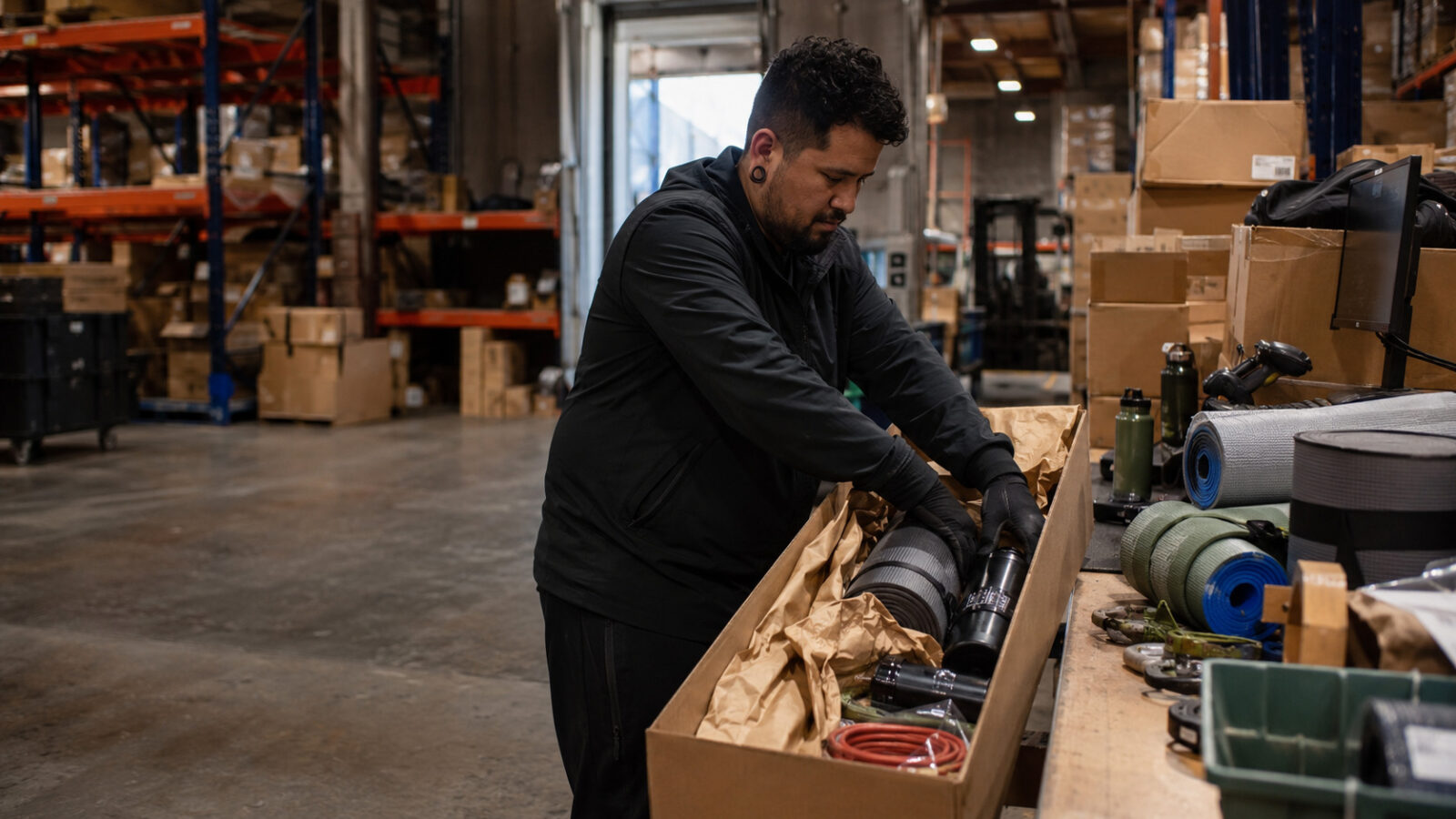Sports and outdoor gear being packed into ecommerce orders at a warehouse workstation.