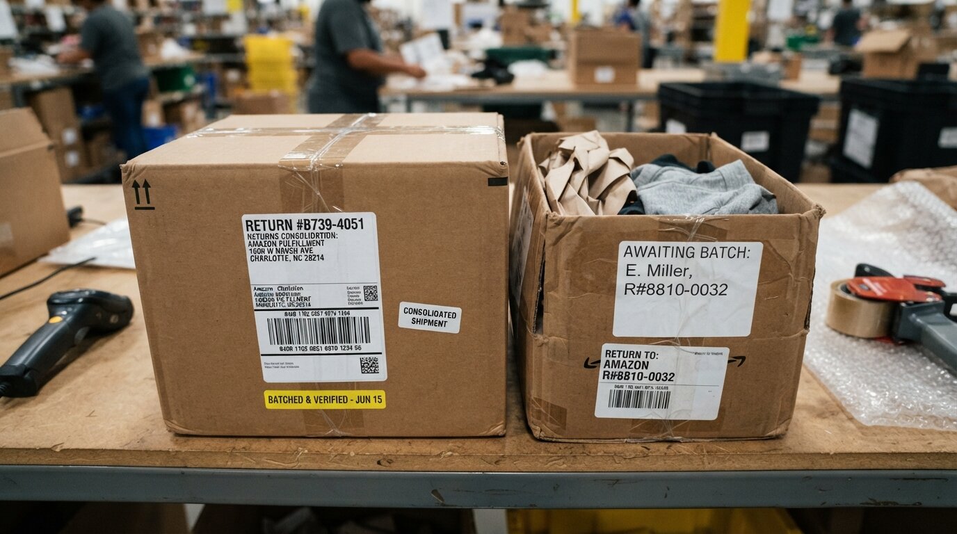 Close up of two return parcels bound for the same destination, one properly batched and one still awaiting consolidation