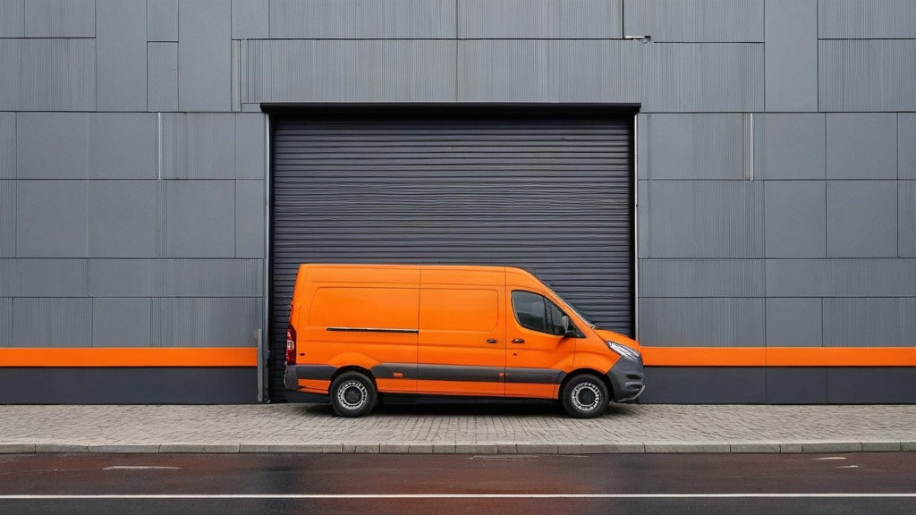 Delivery van docked at an industrial orange loading bay door