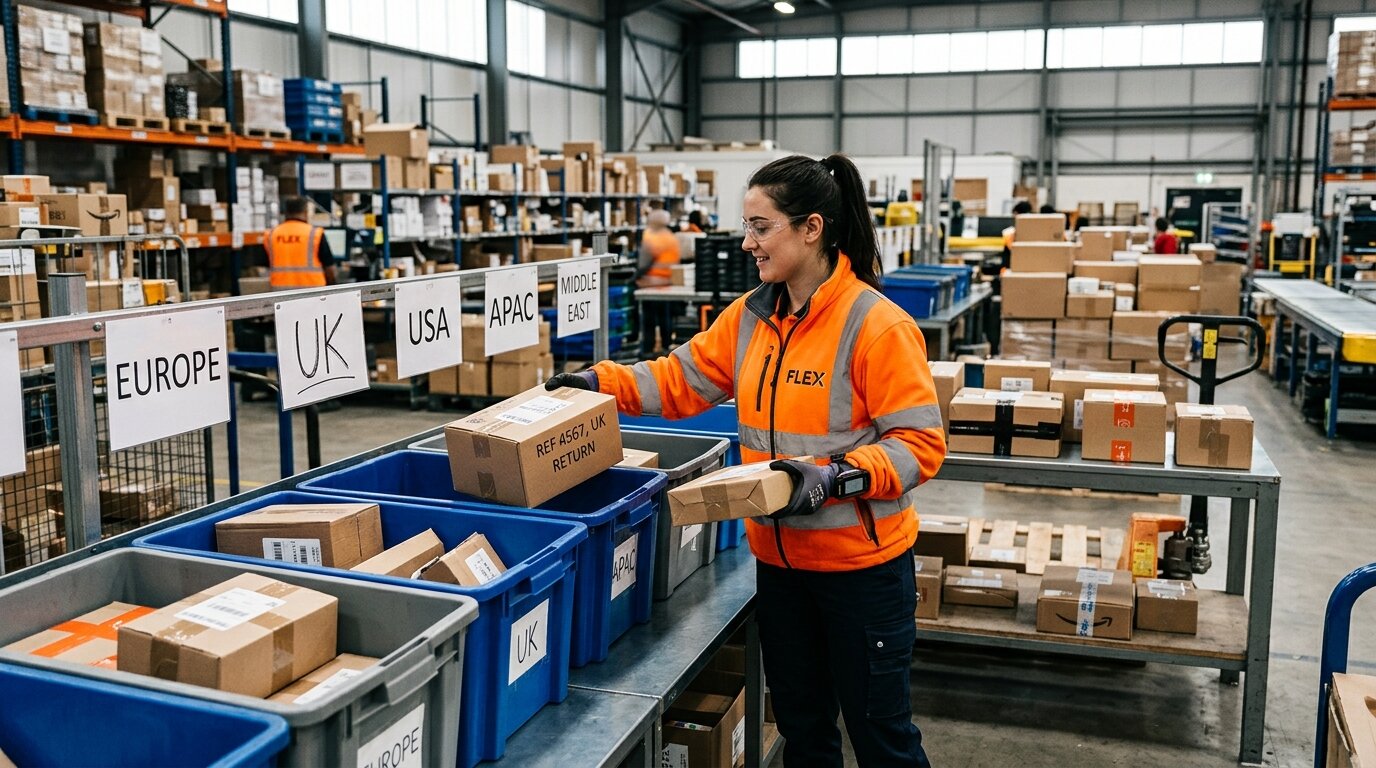Employee in orange branded workwear organizing return parcels by market destination into separate labelled zones
