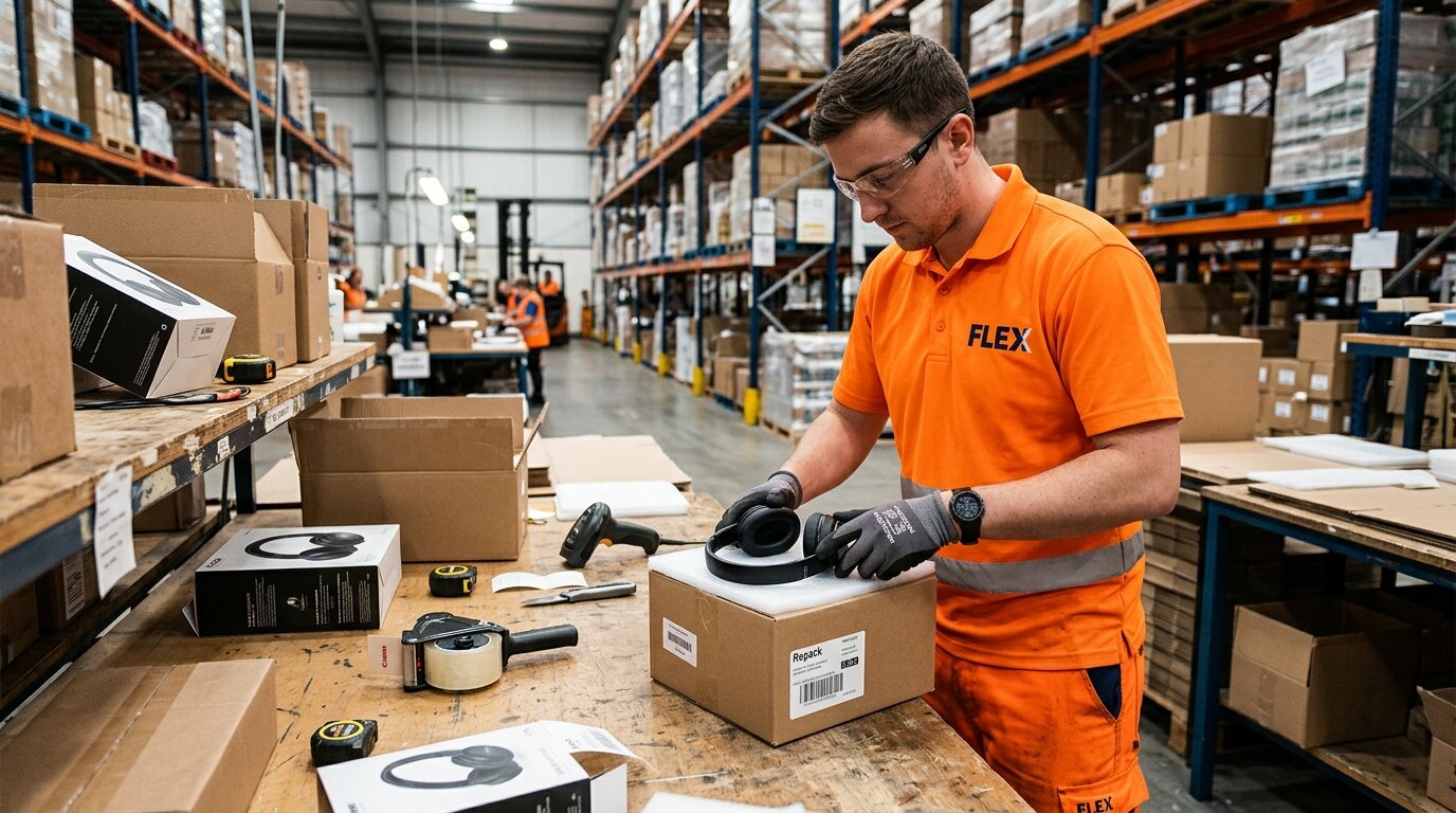 Employee in orange branded workwear repackaging a lightly used item for resale on a rework bench