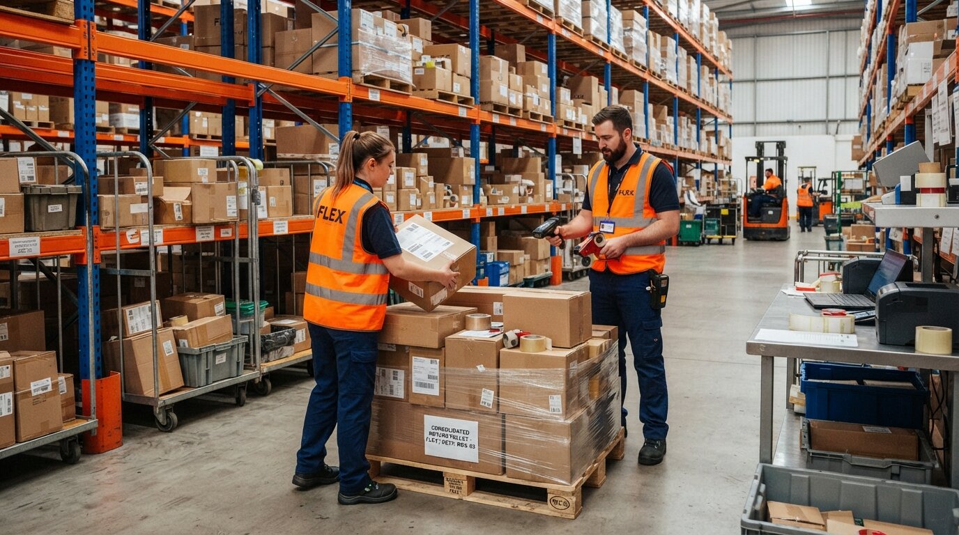 Two warehouse workers in orange hi vis vests build a consolidated pallet from individually scanned return parcels near tall orange and blue racking
