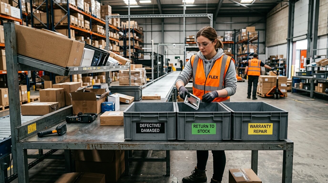 Warehouse worker in an orange hi vis vest sorting returned units into three labelled bins on a steel grading table