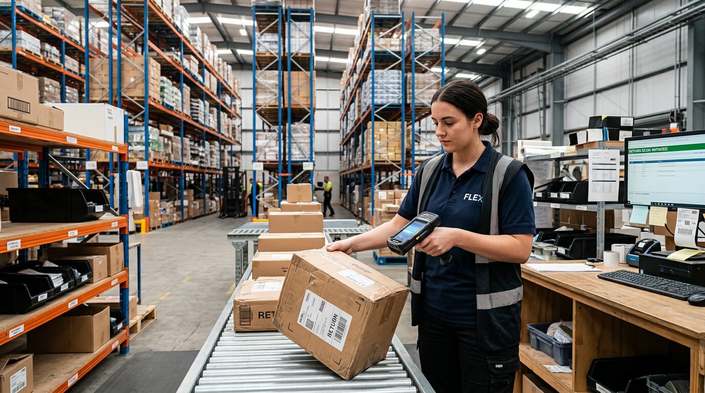 Worker scanning an incoming return at a receiving station, tall orange and blue steel racking visible behind them